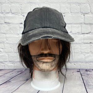 Pony Tail Women Hat Cap Strap Back Gray Distressed Mesh Back C.C. Ladies